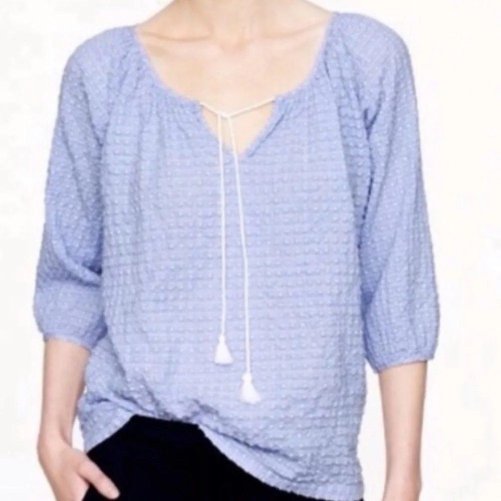 J. Crew Light Blue Textured Peasant Blouse with Tassel Tie